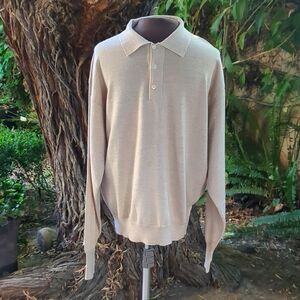 E-LUXE Evergreen Sweater Extra Fine Merino Wool Tan Button Collared Golf Preppy